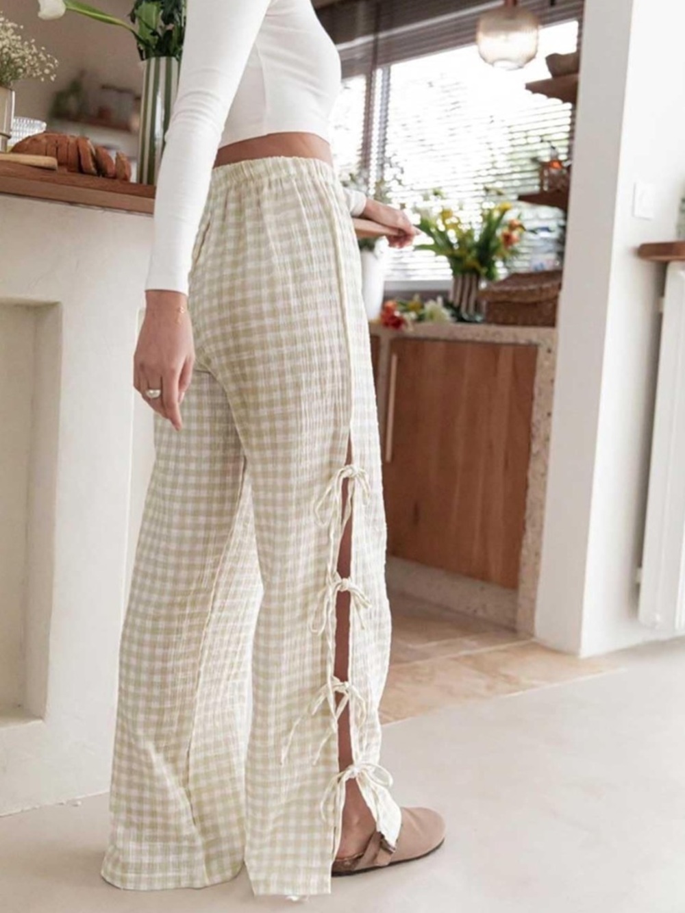 NWT Y2K High waisted Wide Leg Lounge Pants Gingham Khaki Striped Plaid Women’s M